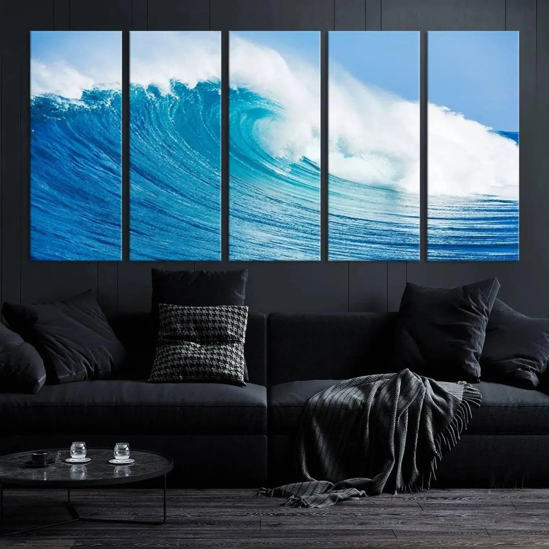 The "Wall Art Canvas Print Bright Wave on Ocean Surfing Wave Wall Art" is displayed as a triptych of ocean waves on museum-quality canvases.