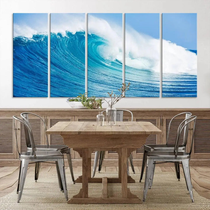 The "Wall Art Canvas Print Bright Wave on Ocean Surfing Wave Wall Art" is displayed as a triptych of ocean waves on museum-quality canvases.