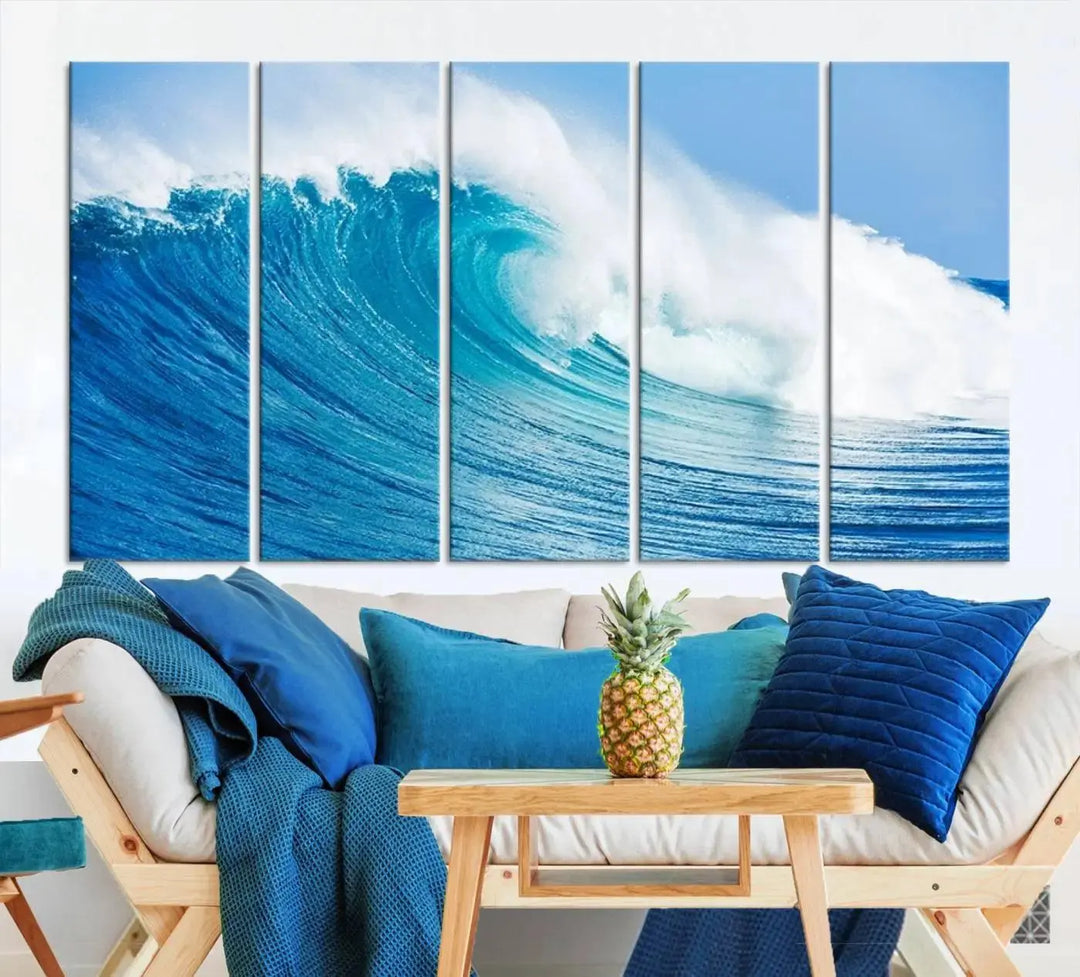 The "Wall Art Canvas Print Bright Wave on Ocean Surfing Wave Wall Art" is displayed as a triptych of ocean waves on museum-quality canvases.