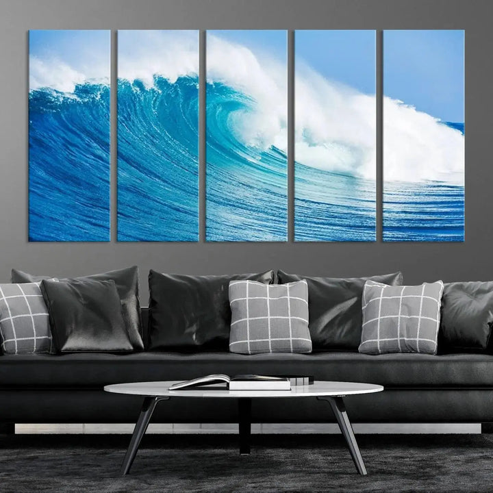 The "Wall Art Canvas Print Bright Wave on Ocean Surfing Wave Wall Art" is displayed as a triptych of ocean waves on museum-quality canvases.