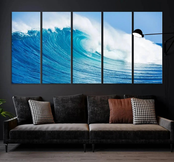 The "Wall Art Canvas Print Bright Wave on Ocean Surfing Wave Wall Art" is displayed as a triptych of ocean waves on museum-quality canvases.