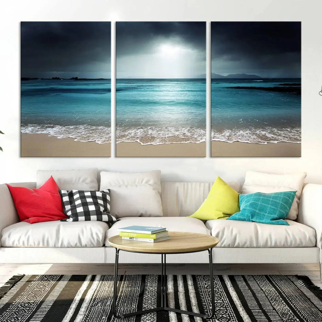 The "Wall Art Canvas Print Dark Beach with Clear Ocean" is a set of museum-quality canvases featuring a tranquil beach scene. Enjoy complimentary shipping for this stunning addition to your home decor.