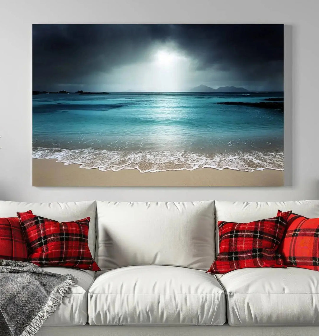 The "Wall Art Canvas Print Dark Beach with Clear Ocean" is a set of museum-quality canvases featuring a tranquil beach scene. Enjoy complimentary shipping for this stunning addition to your home decor.