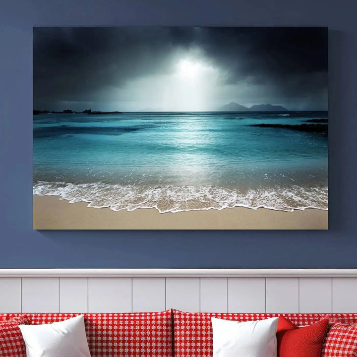 The "Wall Art Canvas Print Dark Beach with Clear Ocean" is a set of museum-quality canvases featuring a tranquil beach scene. Enjoy complimentary shipping for this stunning addition to your home decor.