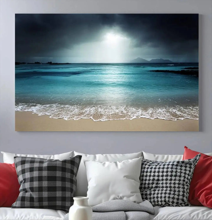 The "Wall Art Canvas Print Dark Beach with Clear Ocean" is a set of museum-quality canvases featuring a tranquil beach scene. Enjoy complimentary shipping for this stunning addition to your home decor.