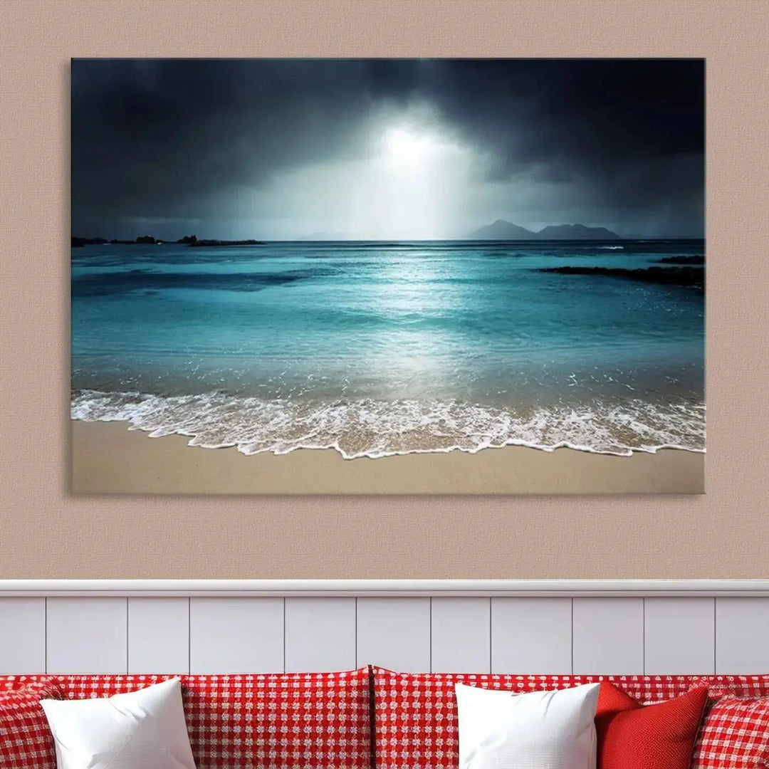 The "Wall Art Canvas Print Dark Beach with Clear Ocean" is a set of museum-quality canvases featuring a tranquil beach scene. Enjoy complimentary shipping for this stunning addition to your home decor.