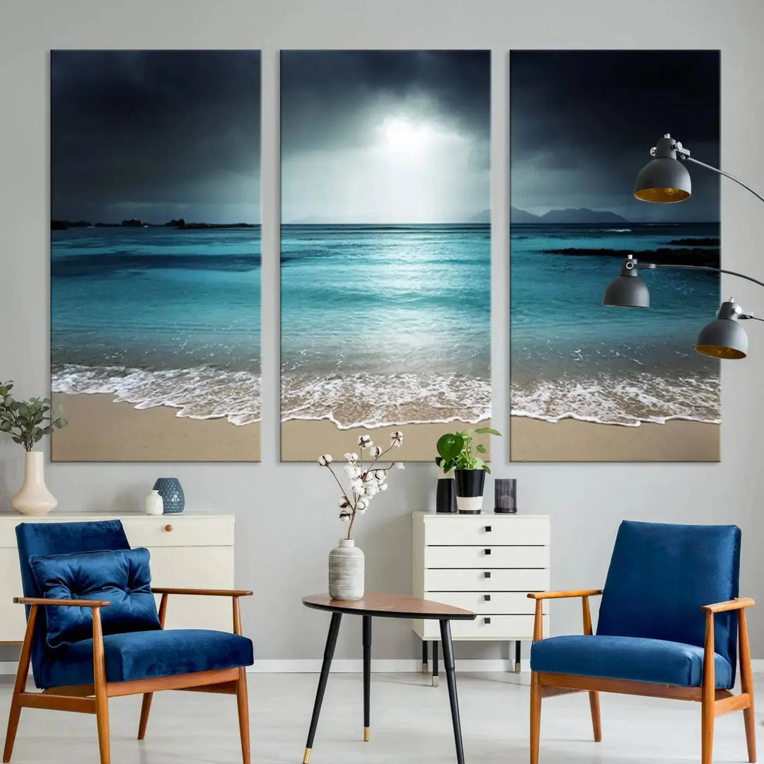 The "Wall Art Canvas Print Dark Beach with Clear Ocean" is a set of museum-quality canvases featuring a tranquil beach scene. Enjoy complimentary shipping for this stunning addition to your home decor.