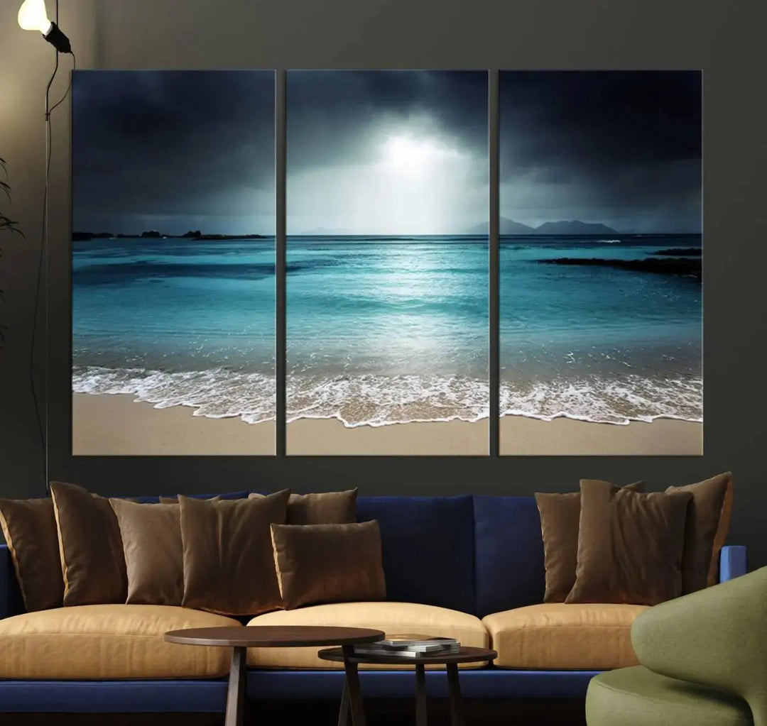 The "Wall Art Canvas Print Dark Beach with Clear Ocean" is a set of museum-quality canvases featuring a tranquil beach scene. Enjoy complimentary shipping for this stunning addition to your home decor.