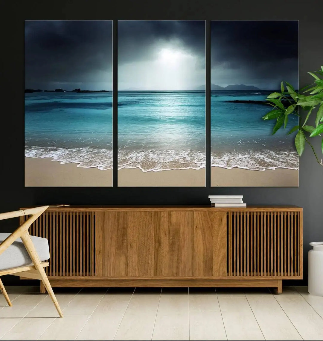 The "Wall Art Canvas Print Dark Beach with Clear Ocean" is a set of museum-quality canvases featuring a tranquil beach scene. Enjoy complimentary shipping for this stunning addition to your home decor.