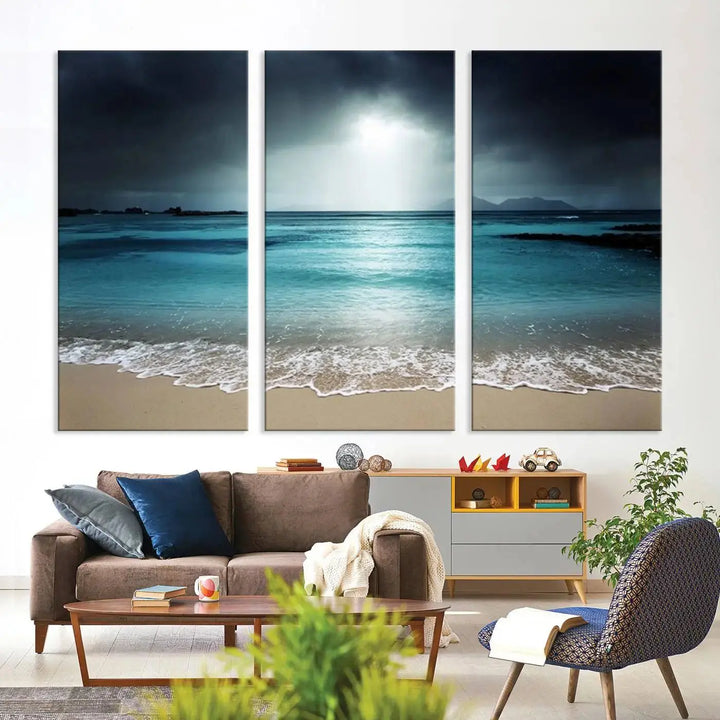 The "Wall Art Canvas Print Dark Beach with Clear Ocean" is a set of museum-quality canvases featuring a tranquil beach scene. Enjoy complimentary shipping for this stunning addition to your home decor.