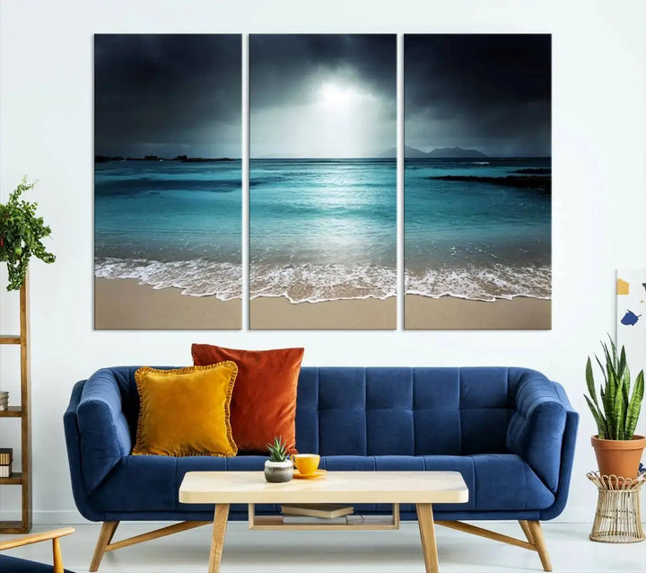 The "Wall Art Canvas Print Dark Beach with Clear Ocean" is a set of museum-quality canvases featuring a tranquil beach scene. Enjoy complimentary shipping for this stunning addition to your home decor.