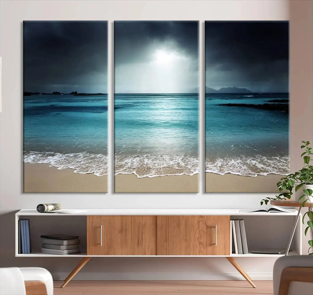 The "Wall Art Canvas Print Dark Beach with Clear Ocean" is a set of museum-quality canvases featuring a tranquil beach scene. Enjoy complimentary shipping for this stunning addition to your home decor.