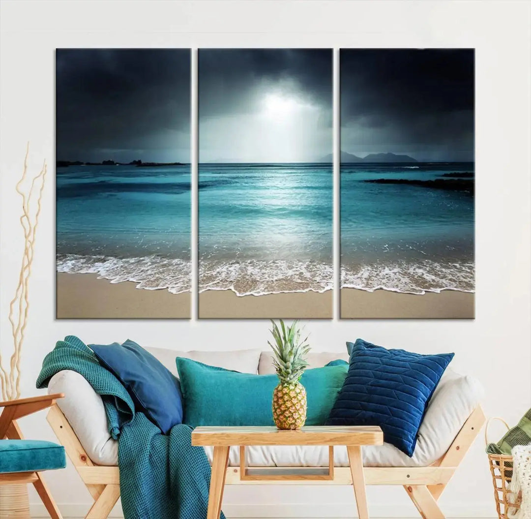 The "Wall Art Canvas Print Dark Beach with Clear Ocean" is a set of museum-quality canvases featuring a tranquil beach scene. Enjoy complimentary shipping for this stunning addition to your home decor.