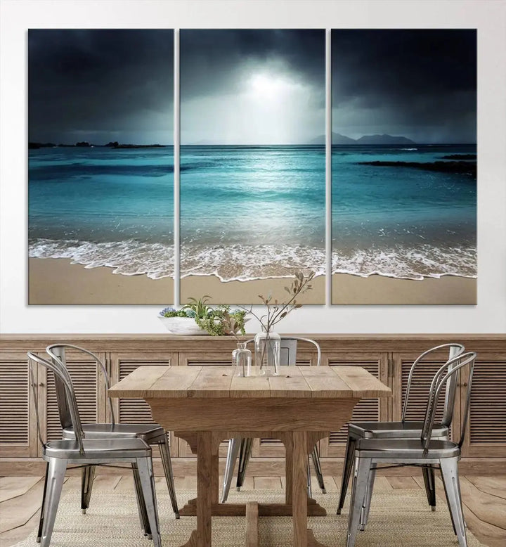 The "Wall Art Canvas Print Dark Beach with Clear Ocean" is a set of museum-quality canvases featuring a tranquil beach scene. Enjoy complimentary shipping for this stunning addition to your home decor.