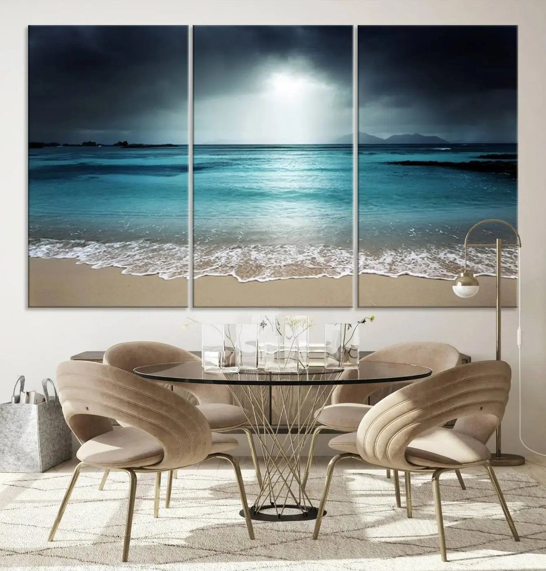 The "Wall Art Canvas Print Dark Beach with Clear Ocean" is a set of museum-quality canvases featuring a tranquil beach scene. Enjoy complimentary shipping for this stunning addition to your home decor.