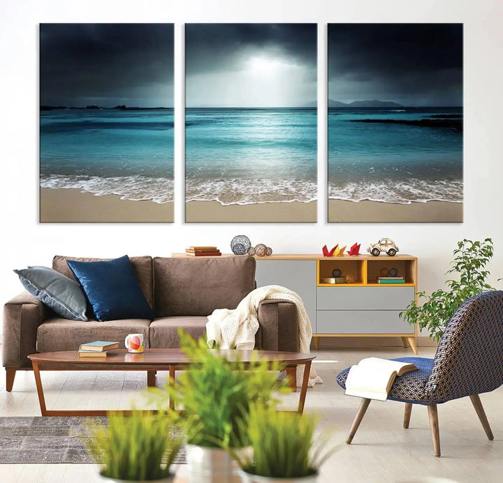 The "Wall Art Canvas Print Dark Beach with Clear Ocean" is a set of museum-quality canvases featuring a tranquil beach scene. Enjoy complimentary shipping for this stunning addition to your home decor.