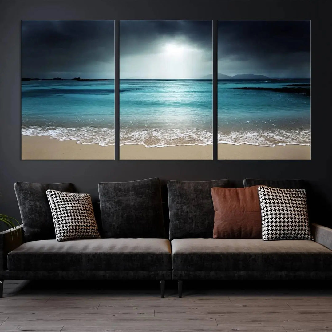 The "Wall Art Canvas Print Dark Beach with Clear Ocean" is a set of museum-quality canvases featuring a tranquil beach scene. Enjoy complimentary shipping for this stunning addition to your home decor.