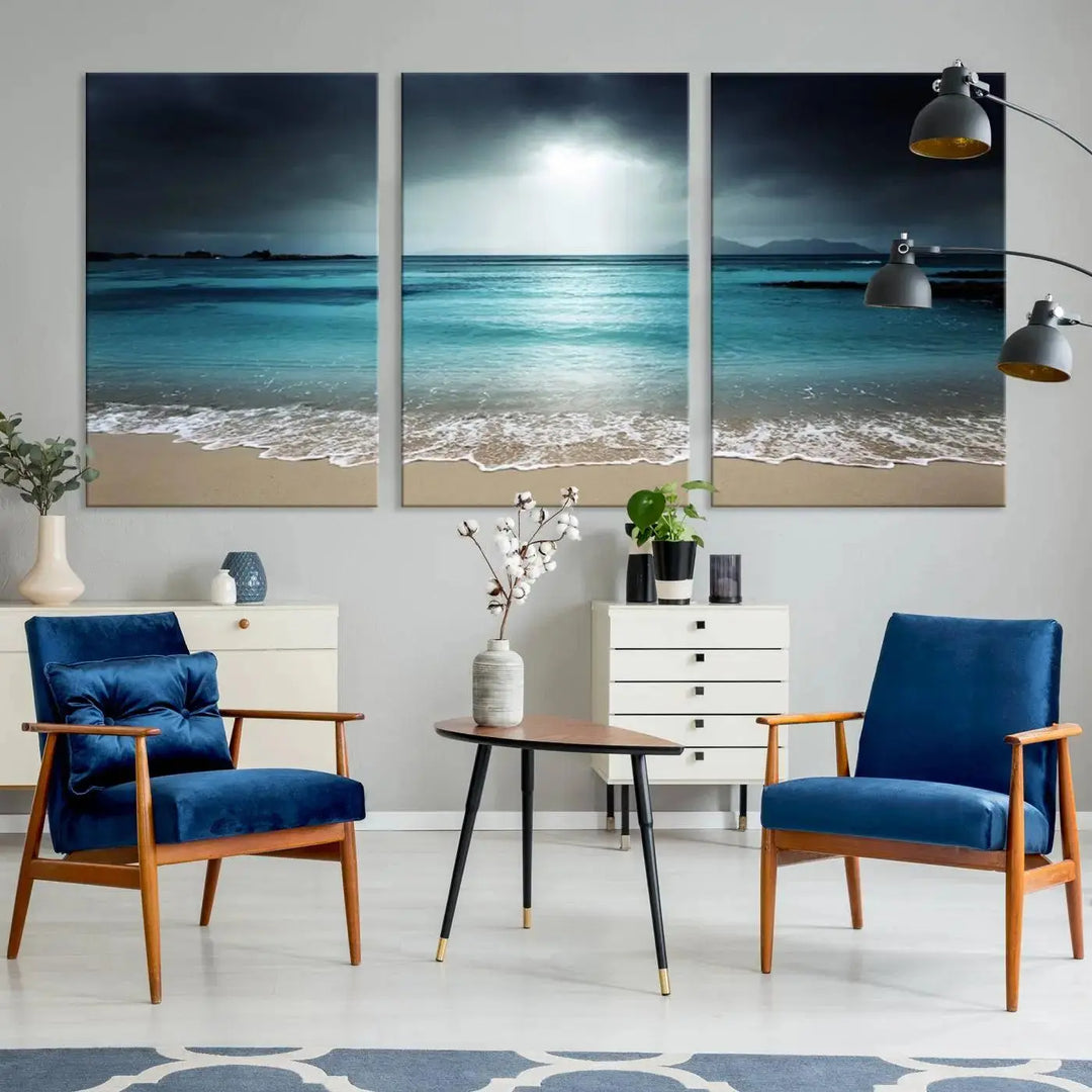 The "Wall Art Canvas Print Dark Beach with Clear Ocean" is a set of museum-quality canvases featuring a tranquil beach scene. Enjoy complimentary shipping for this stunning addition to your home decor.