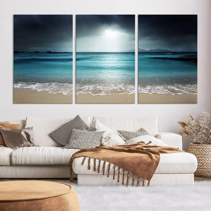 The "Wall Art Canvas Print Dark Beach with Clear Ocean" is a set of museum-quality canvases featuring a tranquil beach scene. Enjoy complimentary shipping for this stunning addition to your home decor.