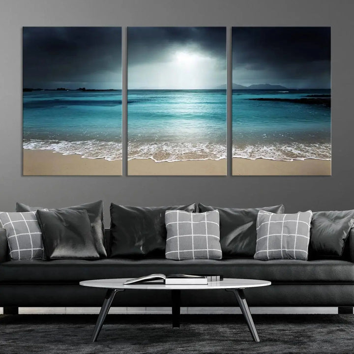 The "Wall Art Canvas Print Dark Beach with Clear Ocean" is a set of museum-quality canvases featuring a tranquil beach scene. Enjoy complimentary shipping for this stunning addition to your home decor.