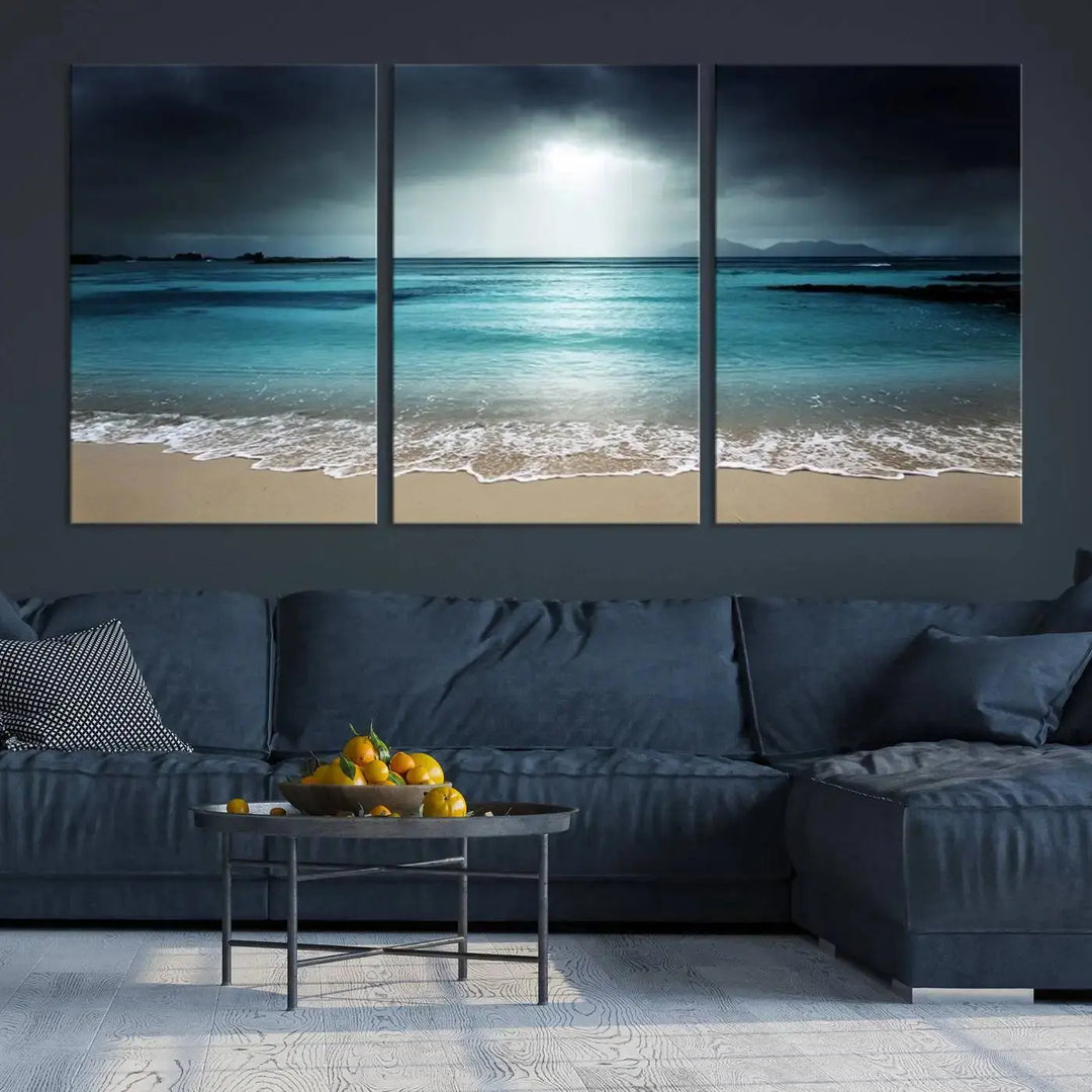 The "Wall Art Canvas Print Dark Beach with Clear Ocean" is a set of museum-quality canvases featuring a tranquil beach scene. Enjoy complimentary shipping for this stunning addition to your home decor.