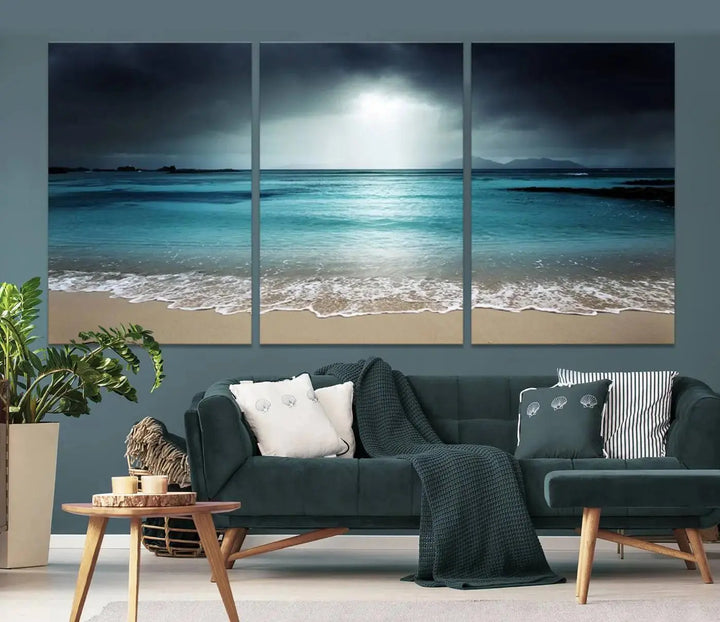 The "Wall Art Canvas Print Dark Beach with Clear Ocean" is a set of museum-quality canvases featuring a tranquil beach scene. Enjoy complimentary shipping for this stunning addition to your home decor.