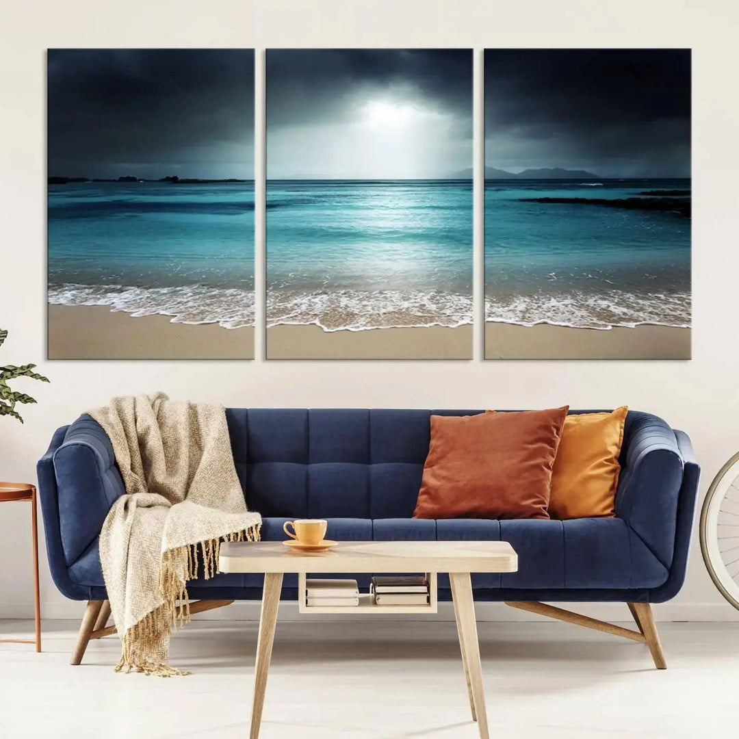 The "Wall Art Canvas Print Dark Beach with Clear Ocean" is a set of museum-quality canvases featuring a tranquil beach scene. Enjoy complimentary shipping for this stunning addition to your home decor.