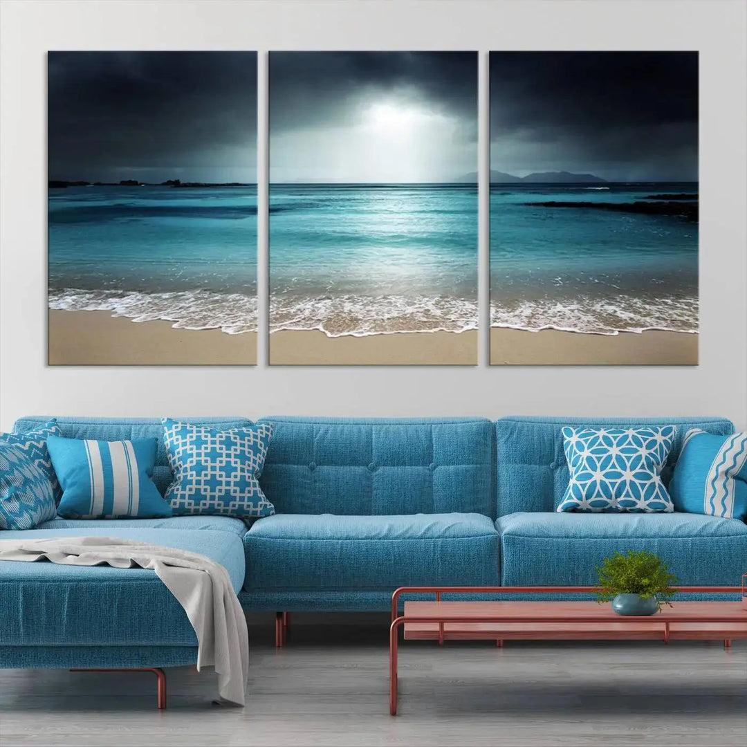 The "Wall Art Canvas Print Dark Beach with Clear Ocean" is a set of museum-quality canvases featuring a tranquil beach scene. Enjoy complimentary shipping for this stunning addition to your home decor.