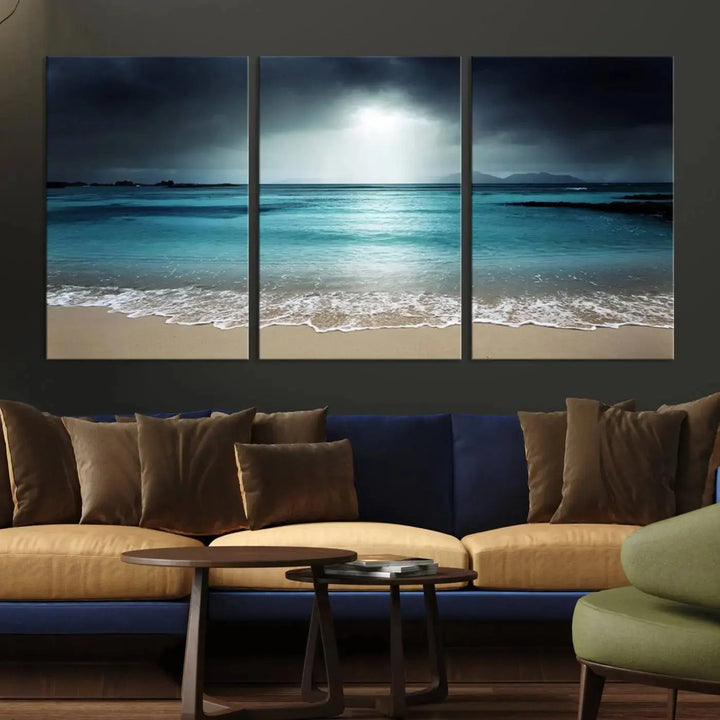 The "Wall Art Canvas Print Dark Beach with Clear Ocean" is a set of museum-quality canvases featuring a tranquil beach scene. Enjoy complimentary shipping for this stunning addition to your home decor.