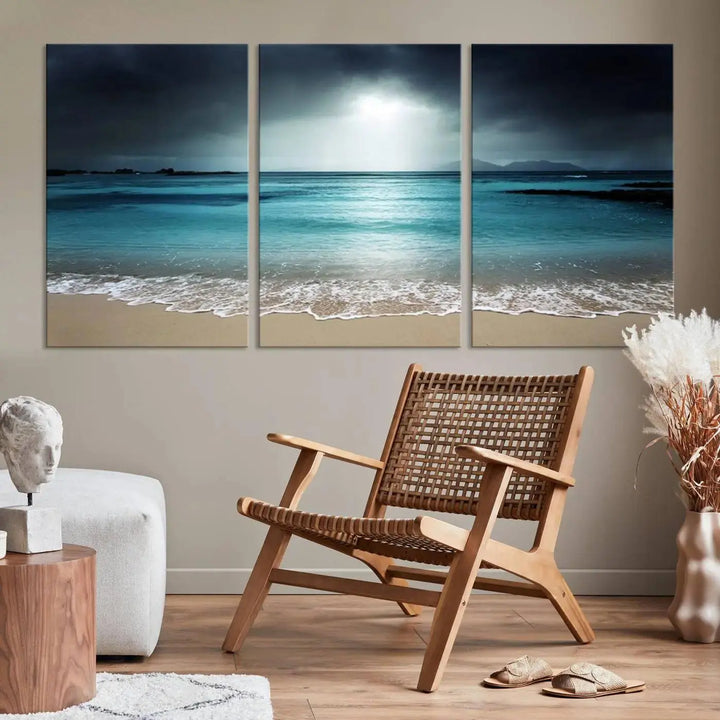 The "Wall Art Canvas Print Dark Beach with Clear Ocean" is a set of museum-quality canvases featuring a tranquil beach scene. Enjoy complimentary shipping for this stunning addition to your home decor.