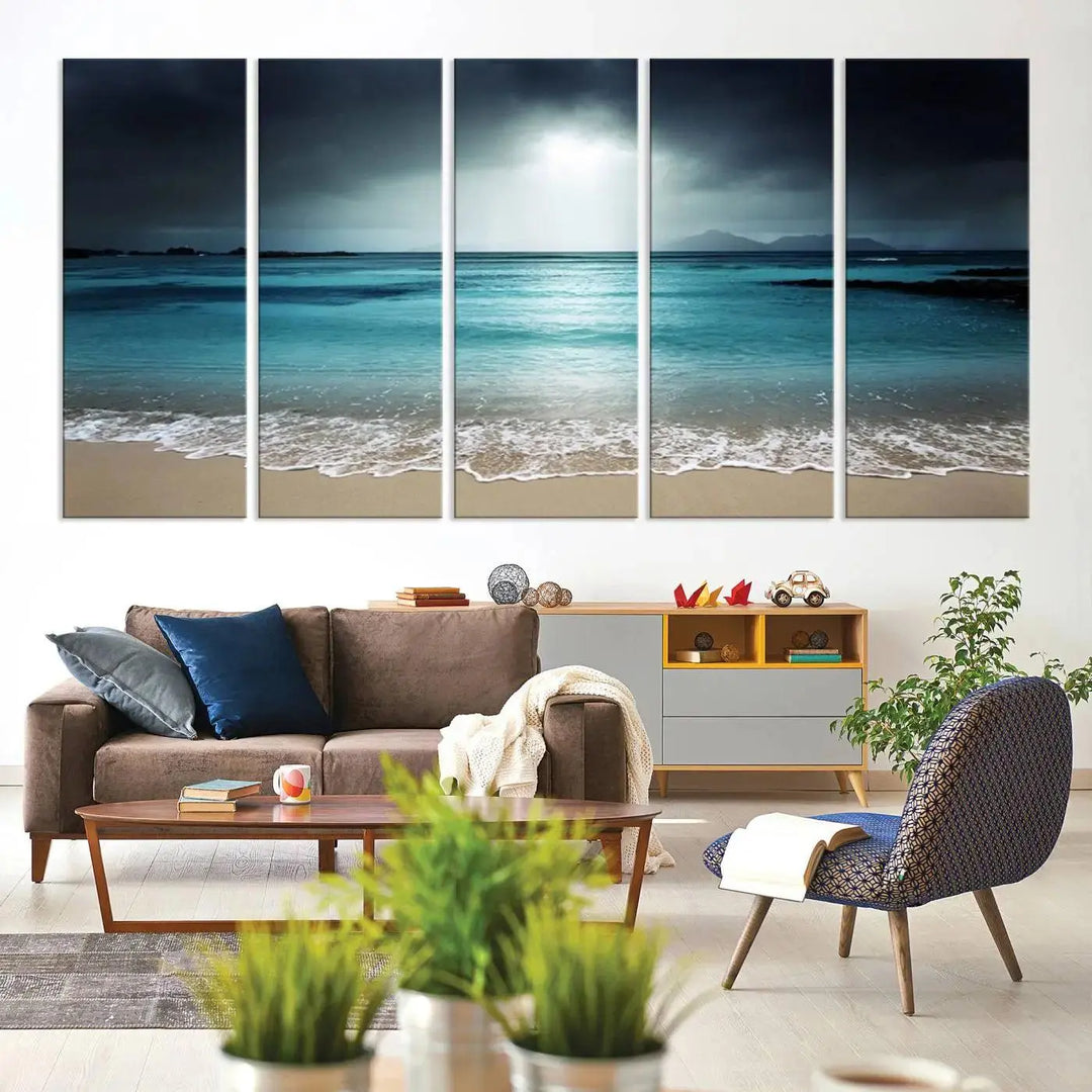 The "Wall Art Canvas Print Dark Beach with Clear Ocean" is a set of museum-quality canvases featuring a tranquil beach scene. Enjoy complimentary shipping for this stunning addition to your home decor.