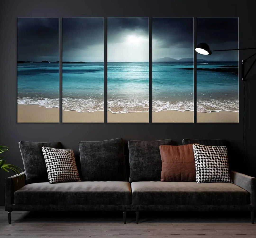 The "Wall Art Canvas Print Dark Beach with Clear Ocean" is a set of museum-quality canvases featuring a tranquil beach scene. Enjoy complimentary shipping for this stunning addition to your home decor.