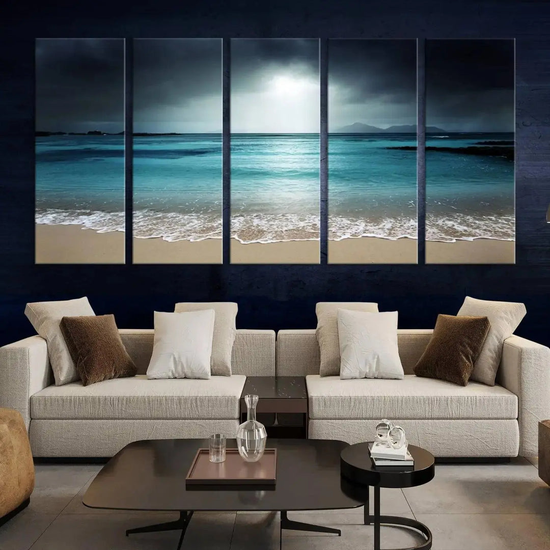 The "Wall Art Canvas Print Dark Beach with Clear Ocean" is a set of museum-quality canvases featuring a tranquil beach scene. Enjoy complimentary shipping for this stunning addition to your home decor.