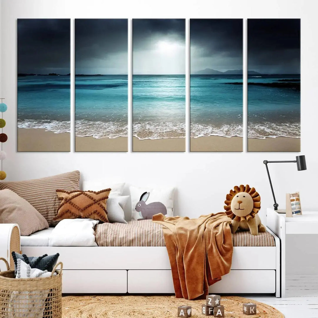 The "Wall Art Canvas Print Dark Beach with Clear Ocean" is a set of museum-quality canvases featuring a tranquil beach scene. Enjoy complimentary shipping for this stunning addition to your home decor.