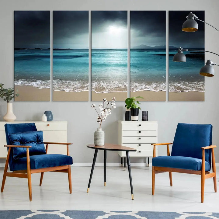 The "Wall Art Canvas Print Dark Beach with Clear Ocean" is a set of museum-quality canvases featuring a tranquil beach scene. Enjoy complimentary shipping for this stunning addition to your home decor.