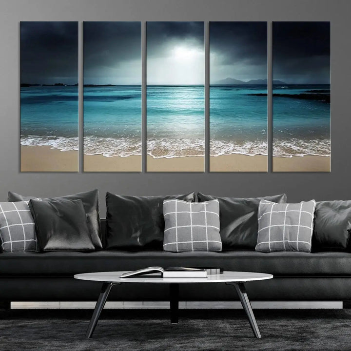 The "Wall Art Canvas Print Dark Beach with Clear Ocean" is a set of museum-quality canvases featuring a tranquil beach scene. Enjoy complimentary shipping for this stunning addition to your home decor.