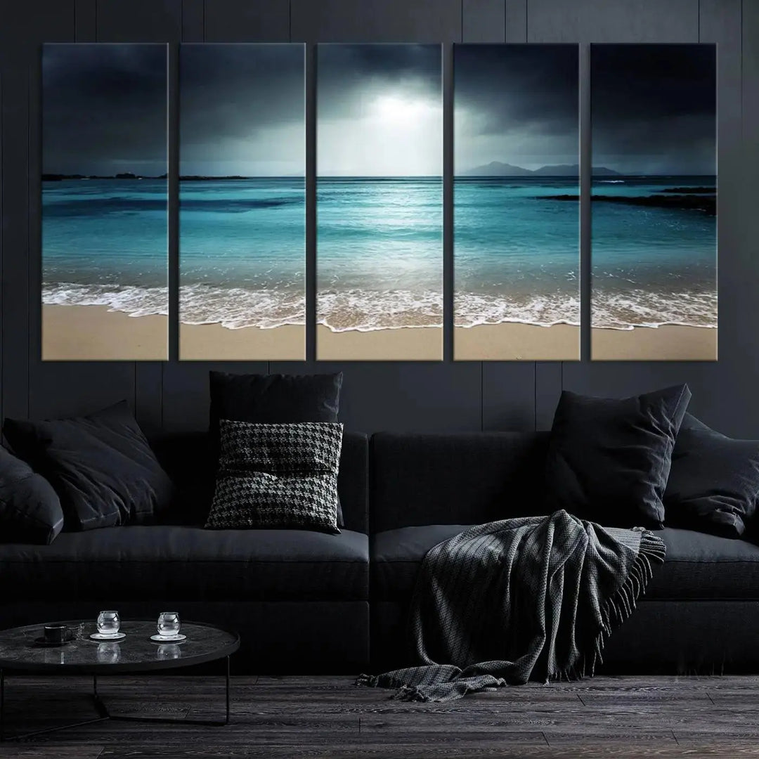 The "Wall Art Canvas Print Dark Beach with Clear Ocean" is a set of museum-quality canvases featuring a tranquil beach scene. Enjoy complimentary shipping for this stunning addition to your home decor.