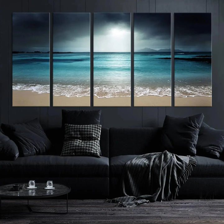 The "Wall Art Canvas Print Dark Beach with Clear Ocean" is a set of museum-quality canvases featuring a tranquil beach scene. Enjoy complimentary shipping for this stunning addition to your home decor.