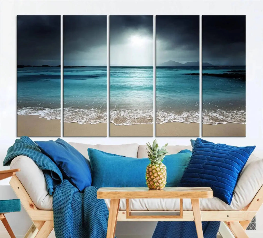 The "Wall Art Canvas Print Dark Beach with Clear Ocean" is a set of museum-quality canvases featuring a tranquil beach scene. Enjoy complimentary shipping for this stunning addition to your home decor.