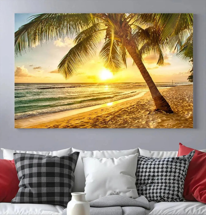 The "Wall Art Canvas Print Palm on Beach at Bright Sunset," gallery wrapped on museum-quality canvas, hangs in a dimly lit room.