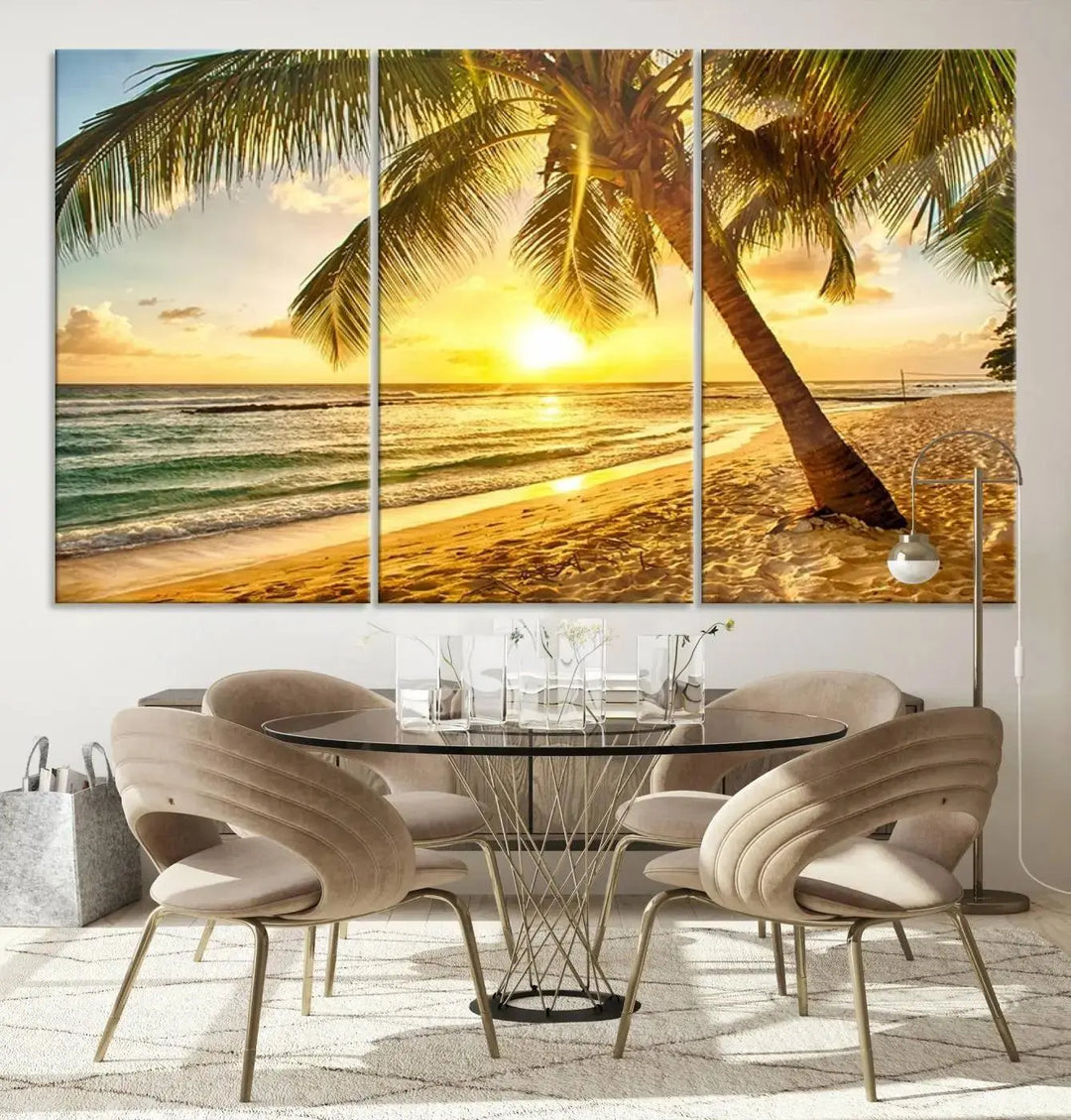 The "Wall Art Canvas Print Palm on Beach at Bright Sunset," gallery wrapped on museum-quality canvas, hangs in a dimly lit room.