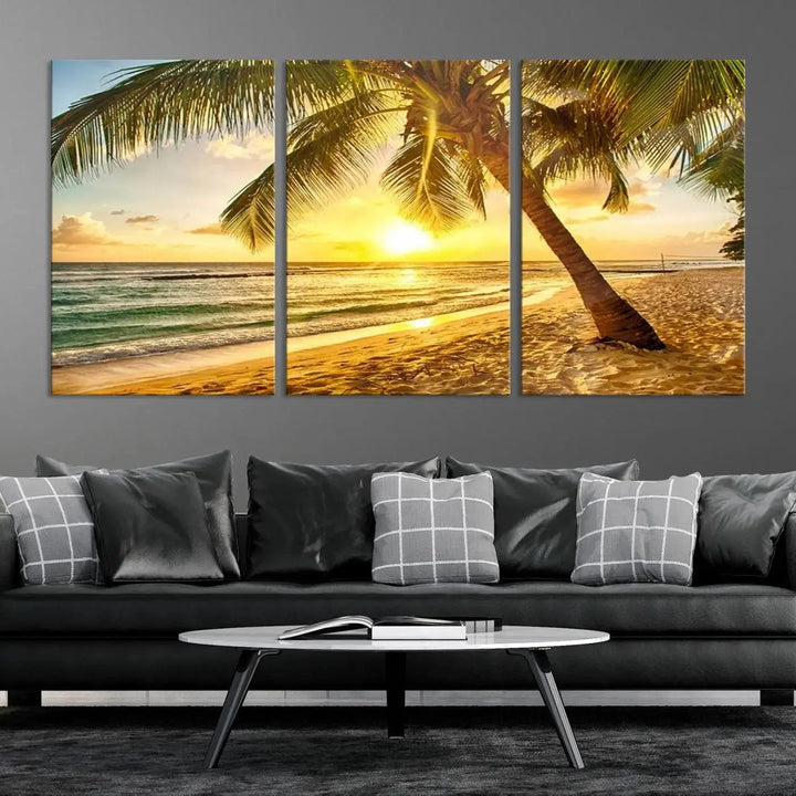 The "Wall Art Canvas Print Palm on Beach at Bright Sunset," gallery wrapped on museum-quality canvas, hangs in a dimly lit room.