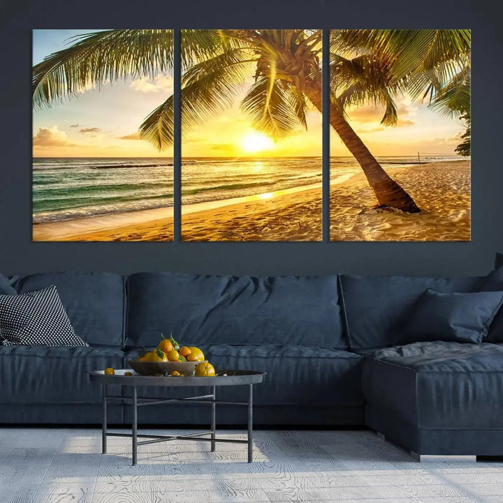 The "Wall Art Canvas Print Palm on Beach at Bright Sunset," gallery wrapped on museum-quality canvas, hangs in a dimly lit room.