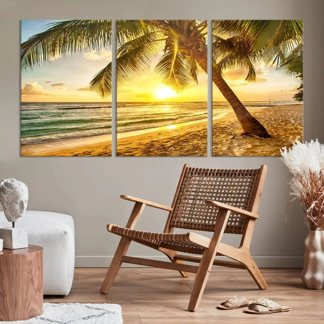 The "Wall Art Canvas Print Palm on Beach at Bright Sunset," gallery wrapped on museum-quality canvas, hangs in a dimly lit room.