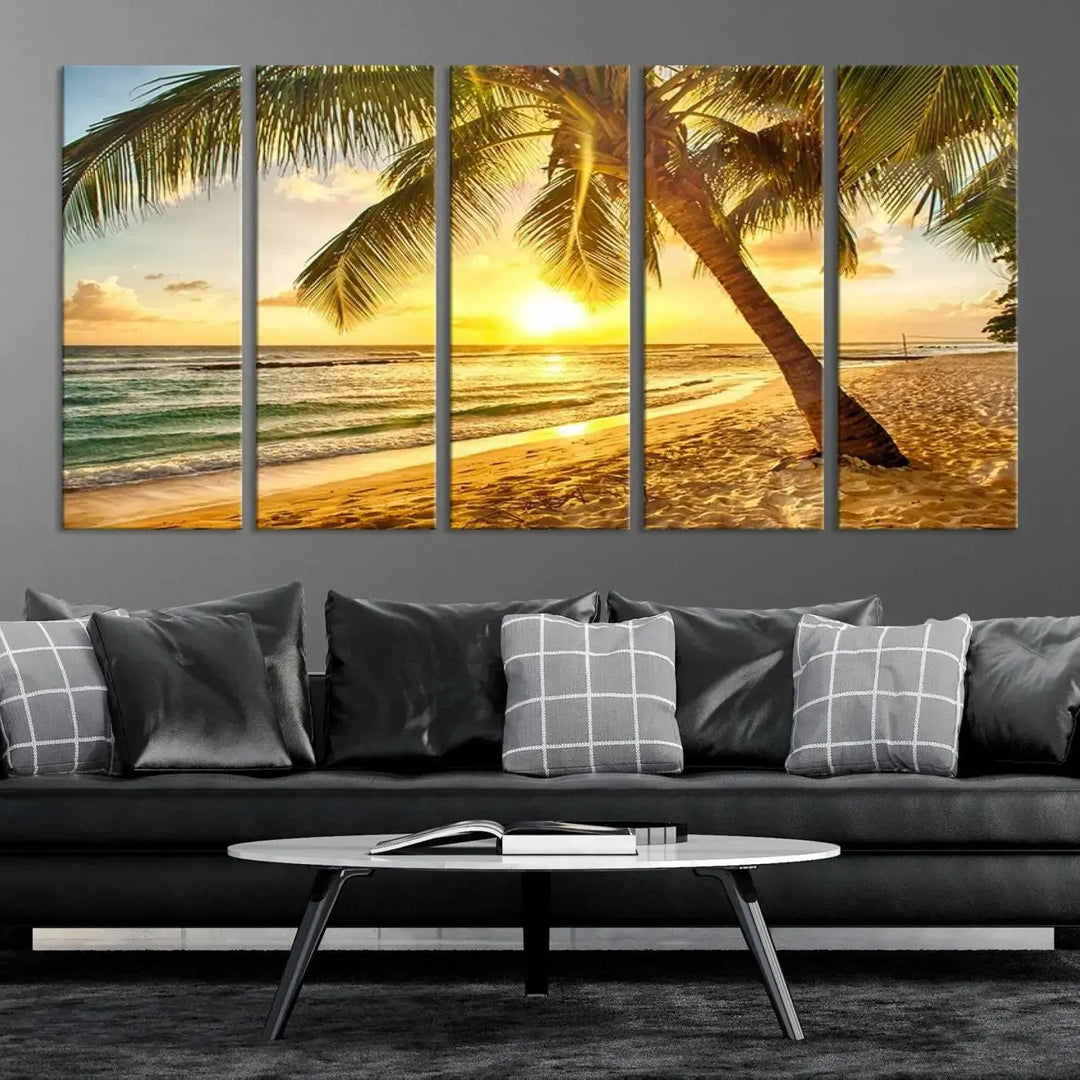 The "Wall Art Canvas Print Palm on Beach at Bright Sunset," gallery wrapped on museum-quality canvas, hangs in a dimly lit room.