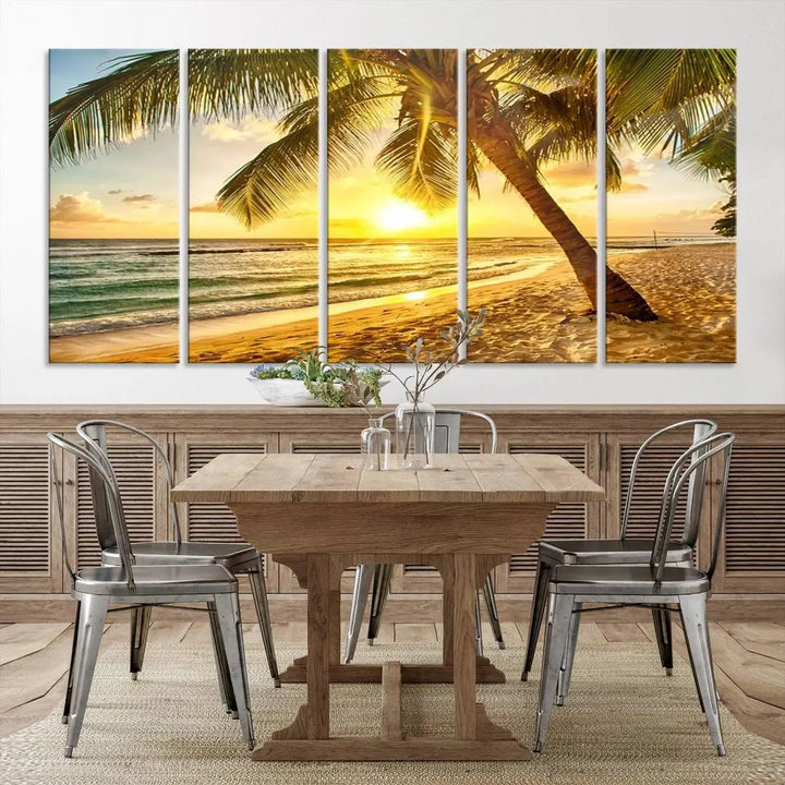 The "Wall Art Canvas Print Palm on Beach at Bright Sunset," gallery wrapped on museum-quality canvas, hangs in a dimly lit room.