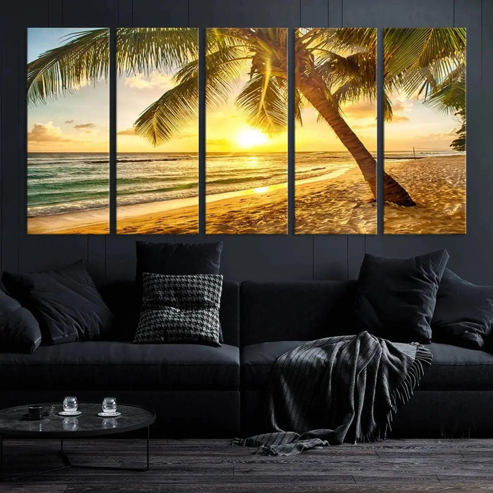 The "Wall Art Canvas Print Palm on Beach at Bright Sunset," gallery wrapped on museum-quality canvas, hangs in a dimly lit room.