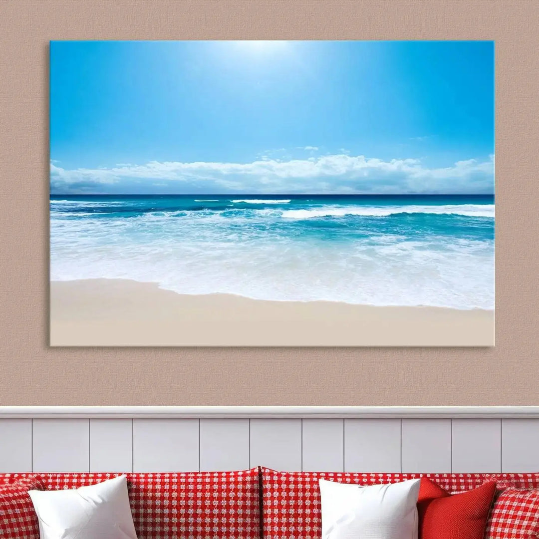 A triptych wall art canvas print titled "Shiny Blue Sea and Beach," crafted on museum-quality canvas, depicts a serene beach scene.