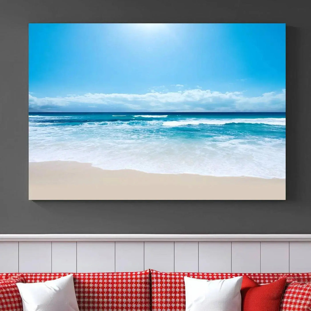 A triptych wall art canvas print titled "Shiny Blue Sea and Beach," crafted on museum-quality canvas, depicts a serene beach scene.