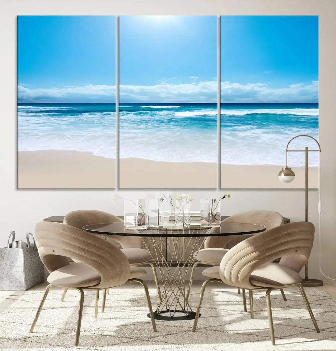 A triptych wall art canvas print titled "Shiny Blue Sea and Beach," crafted on museum-quality canvas, depicts a serene beach scene.